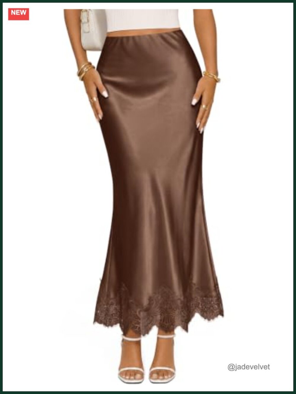 Satin Midi Skirt with Lace Trim - High Waist Pencil Silhouette